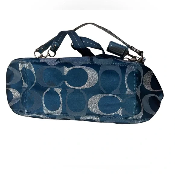 COACH F20428 Signature Handbag Teal Green Silver Jacquard Women Vintage - Picture 5 of 12